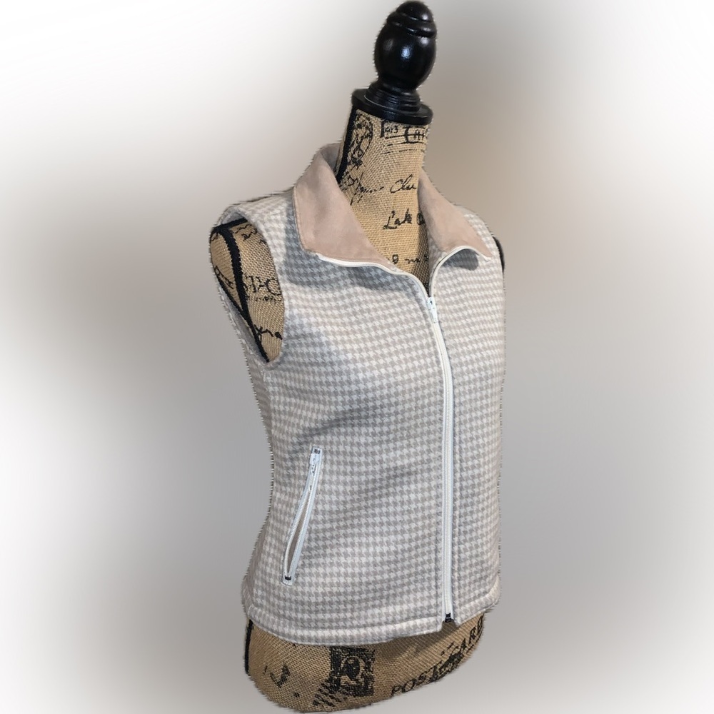Vintage Equestrian Western Tweed Zip Houndstooth Chore Vest Faux Suede Collar S